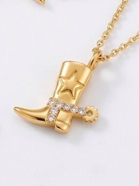 Gold Cowboy Boot Pendant Necklace with Crystal Accents - Women Jewelry